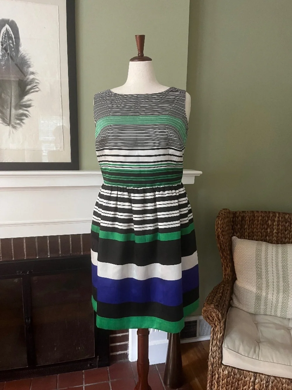 Eloquii Striped Fit & Flare Dress | Emerald, Cobalt & Black | Pockets | - Picture 2 of 6